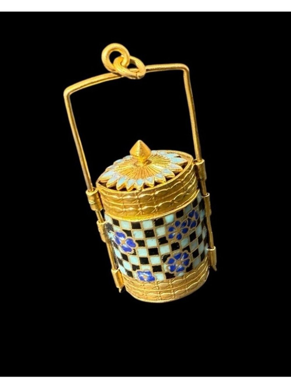 Vintage Mid Century Chinese Brass Enamel Sewing Needle Holder Pendant